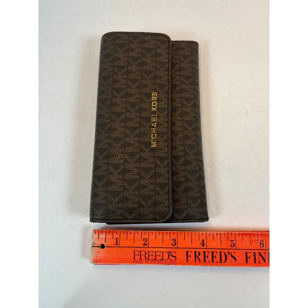Michael Kors Fulton Flap Continental Wallet Brown Logo Signature Monogram Gold